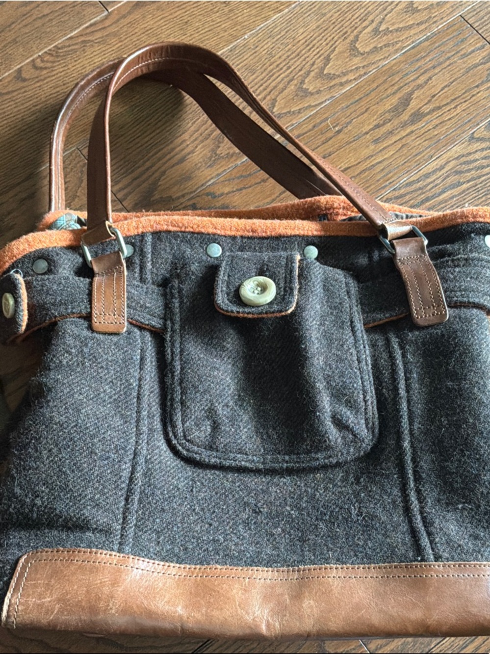 Orla Kiely Gray Wool Tote with Brown Leather Trim and Orange Accent